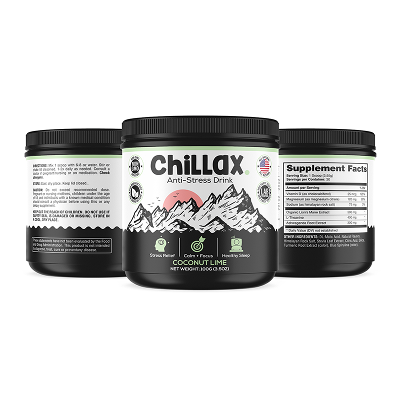 three bottles of chillax on a white background